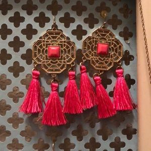 Hot pink and gold tassel earrings